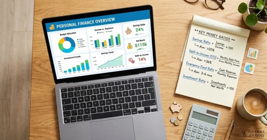 A clean, modern flat-lay of a workspace showing a laptop with a dashboard of colorful financial charts and ratios, a notepad with hand-written formulas like “Savings Ratio” and “Debt-to-Income,” a calculator, and a cup of coffee on a wooden desk. Subtle icons representing money (piggy bank, coins, bar charts, pie charts) are integrated into the scene. Bright, optimistic color palette with blues and greens, minimalistic and professional, 16:9 aspect ratio, suitable as a header image for a personal finance blog explaining key money ratios.