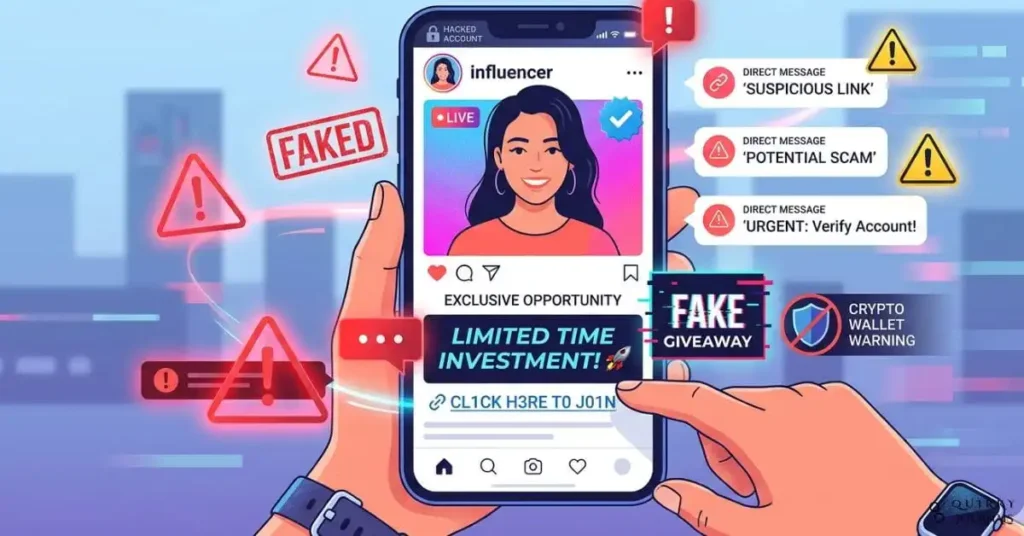 A modern, editorial-style illustration of a smartphone showing a social media feed with a popular influencer post, while warning symbols, fake verification badges, and suspicious direct messages appear around the screen. In the foreground, a hand hesitates before clicking a “limited time investment” link, and subtle visual cues like a hacked account icon, a fake giveaway box, and a crypto wallet warning add tension. Bright social-media-inspired colors with sharp red caution accents, clean composition, 16:9 aspect ratio, suitable as a blog header for an article about influencer scams and online money protection.
