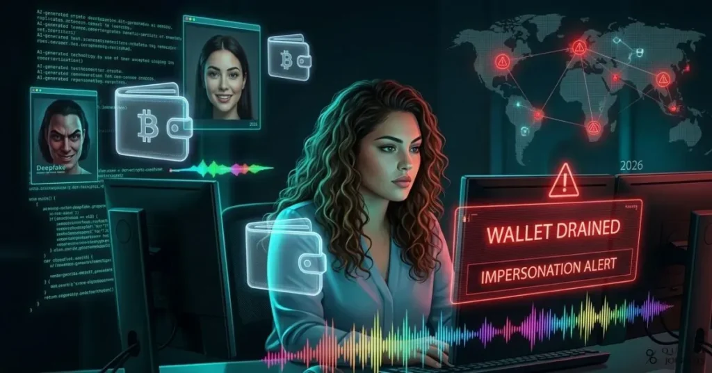 Ultra-detailed, cinematic illustration of a person at a computer in a dark room, surrounded by holographic crypto wallet icons and floating deepfake faces on screens, some friendly and some menacing. Lines of AI-generated text messages and waveforms of a cloned voice wrap around the scene, while a red warning overlay flashes phrases like “Wallet Drained” and “Impersonation Alert.” Background shows a faint blockchain network map with red-highlighted scam nodes. Color palette of dark blues and purples with neon red and cyan accents, realistic style, 16:9 aspect ratio, suitable as a blog header for an article on AI-driven crypto crime in 2026.