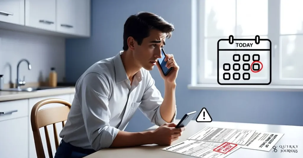 A 16:9 semi-realistic illustration of a person at a kitchen table, looking focused but not panicked, with a returned check notice and a bank statement on the table, a smartphone in one hand as if calling the bank. On the table, a few subtle icons—like a small warning symbol near the check and a simple calendar with today’s date circled—hint at urgency and next steps. The scene is lit with natural daylight in calm blues and neutrals to convey “problem, but under control,” and there are no words, numbers, or logos visible anywhere in the image.