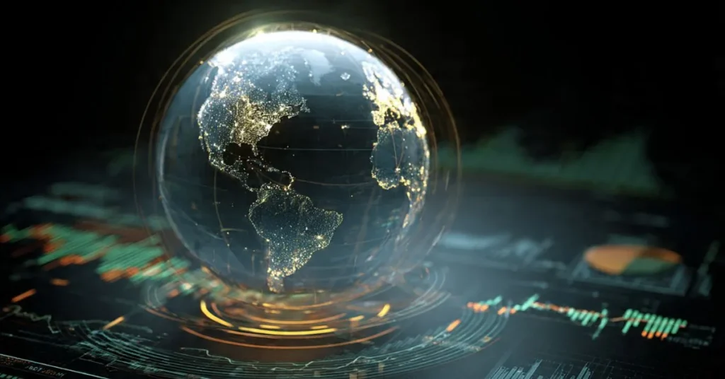 A 16:9 cinematic illustration of a glowing digital globe floating above a dark desk, with bright data points and thin lines highlighting industrial sites, forests, and coastlines. Below the globe, a transparent overlay shows faint stock charts and financial icons, suggesting the fusion of maps and markets. Cool blues and greens with subtle gold accents, modern and slightly futuristic, no text or logos.