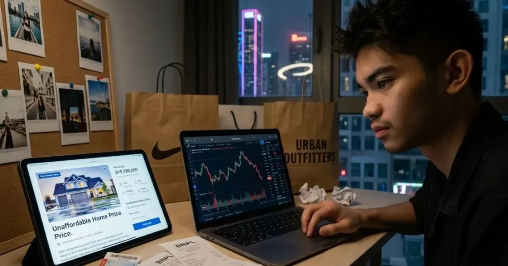 a cinematic portrait that captures the complex financial reality and "doom spending" habits of this Gen Z young adult. This scene places him in a modest rental apartment, lit by the contrasting neon glow of a laptop displaying a volatile crypto trading app and a tablet showing a luxury home listing with a high "unaffordable" price point. The surrounding clutter—including travel photos, a new designer bag, and Buy Now, Pay Later (BNPL) receipts—illustrates the coping mechanism of prioritizing smaller, immediate luxuries over unattainable long-term goals.