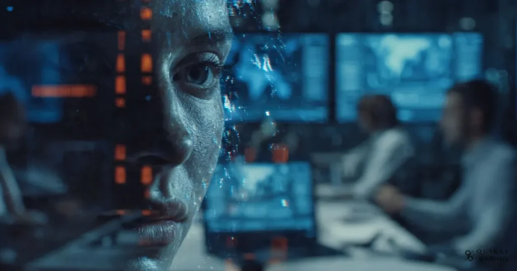 A 16:9 cinematic illustration of a dimly lit modern bank or fintech operations room: in the foreground, a split human face made of digital fragments, half clearly real and half glitchy/AI‑generated, hovers above a tablet showing an approved account screen. In the background, analysts sit at monitors displaying blurred dashboards with identity silhouettes and warning icons, all in cool blues and dark tones with subtle red alert accents. No text or logos.