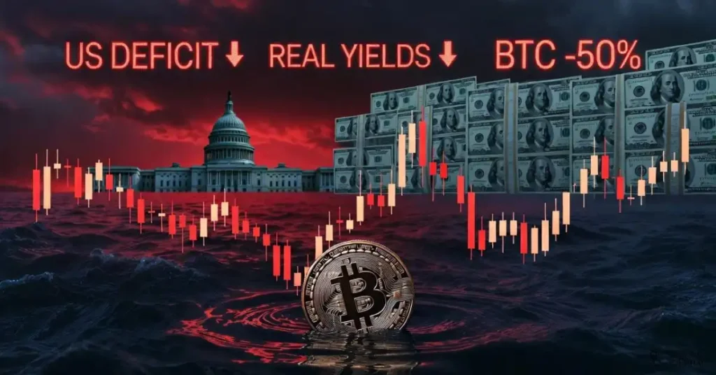 Cinematic, data‑driven illustration of a Bitcoin coin sinking into a red ocean made of falling candlestick charts, while in the background the U.S. Capitol and a wall of oversized Treasury bonds loom over the scene. Digital tickers display “US DEFICIT,” “REAL YIELDS ↑,” and “BTC −50%,” with ETF flow numbers flipping from green to red. Color palette of dark blues and deep reds, moody lighting, 16:9 aspect ratio, suitable as a header image for an article on how the US budget crisis helped trigger the 2025–26 crypto crash.