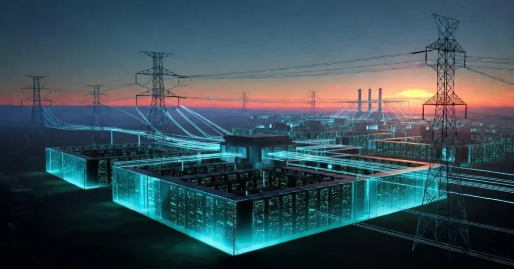 A 16:9 cinematic illustration of a massive, futuristic data center at dusk, glowing with blue server racks visible through glass walls, thick high‑voltage power lines and transmission towers feeding into the facility, and a distant power plant or solar array on the horizon. Cool blue and teal tones contrasted with warm sunset light in the sky, emphasizing the connection between AI hardware and the energy grid. No text or logos.