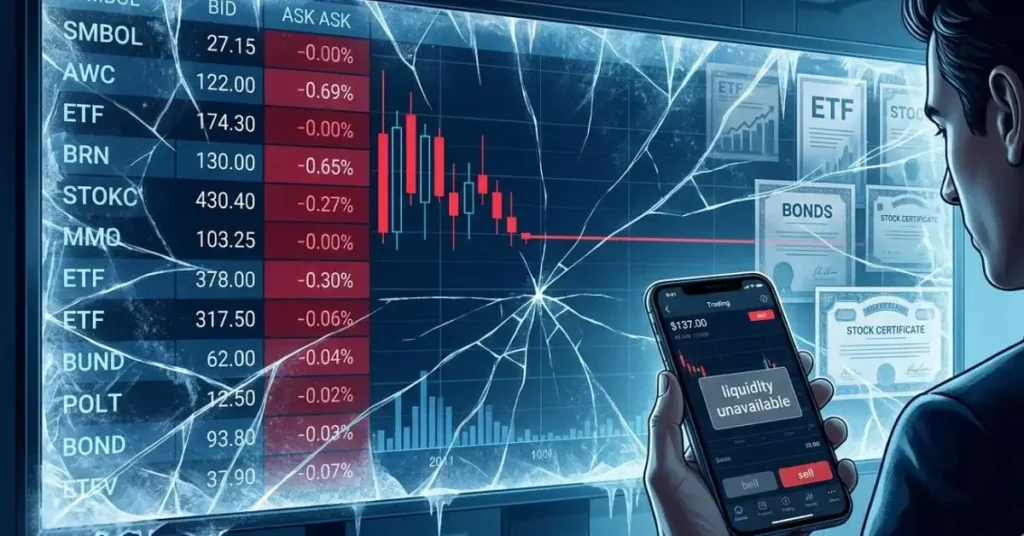 A dramatic, high-resolution illustration of a financial trading floor and stock market screen suddenly “frozen”: large digital price boards show halted symbols and wide red bid‑ask spreads, with candlestick charts abruptly flatlined. In the foreground, an investor holds a smartphone showing a trading app where the “sell” button is greyed out or displaying “liquidity unavailable.” Background includes ghosted images of popular assets like ETFs, bonds, and stocks behind an icy, cracked glass effect to symbolize frozen markets. Color palette of deep blues and cold whites with sharp red accents for falling prices; realistic, cinematic style, 16:9 aspect ratio, ideal as a header image for an article about the illusion of market liquidity.