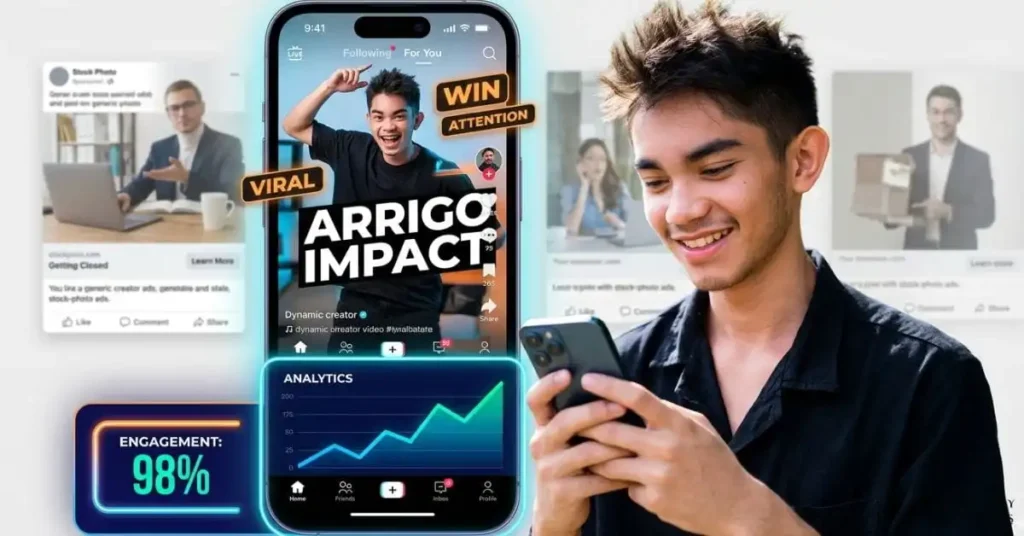 A bold, modern marketing scene showing a Gen Z audience scrolling on smartphones while a series of stale, overly polished ads fade into the background. In the foreground, one ad “wins attention” with fast-cut visuals, bold typography, meme-style energy, and authentic creator-style presentation. Include social app UI elements, a short-form video frame, and a subtle analytics dashboard showing higher engagement. Bright, high-contrast colors with neon accents, 16:9 aspect ratio, suitable as a blog header for an article about Gen Z ads and modern marketing.