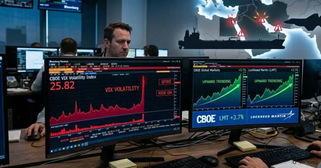 A realistic, editorial-style scene of a trading desk with two large monitors: one showing the VIX spiking above 25 with red volatility charts, the other displaying stock charts and logos for CBOE and Lockheed Martin trending upward. In the background, a world map highlights the Middle East with warning icons over key shipping lanes, and an oil tanker silhouette next to a fighter jet suggests energy and defense risk. Cool, tense color palette (deep blues and reds), high contrast, 16:9 aspect ratio, suitable as a feature image for an article on using CBOE and LMT as volatility hedges amid geopolitical escalation.