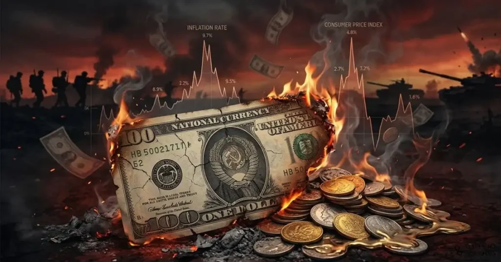 In the foreground, show a powerful symbolic scene: a large, cracked and burning national currency banknote (mix of historical and modern style) with flames consuming the edges, while old gold and silver coins melt and devalue into worthless piles. In the background, depict a dark, ominous wartime landscape with silhouettes of tanks, soldiers marching, and exploding artillery shells under a smoky, fiery red-orange sky at dusk. Overlay subtle falling banknotes and rising inflation charts that dissolve into smoke. Use a moody, high-contrast color palette of deep reds, oranges, dark grays, and black with gold accents. Cinematic lighting, epic and foreboding atmosphere, highly detailed, photorealistic yet stylized illustration style, perfect for a serious economics or history blog header, 16:9 aspect ratio, ultra HD, 8k resolution."