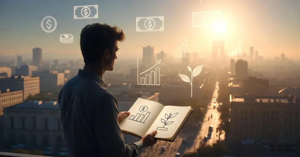 A 16:9 semi-realistic illustration of a person standing on a balcony overlooking a sunrise-lit city, holding an open notebook with simple goal icons sketched inside, while faint transparent symbols of money (coins, growth charts, plant sprouts) rise gently in the sky around them. Warm, optimistic colour palette with soft golds and blues, conveying clarity, possibility, and calm around money. No text or logos.