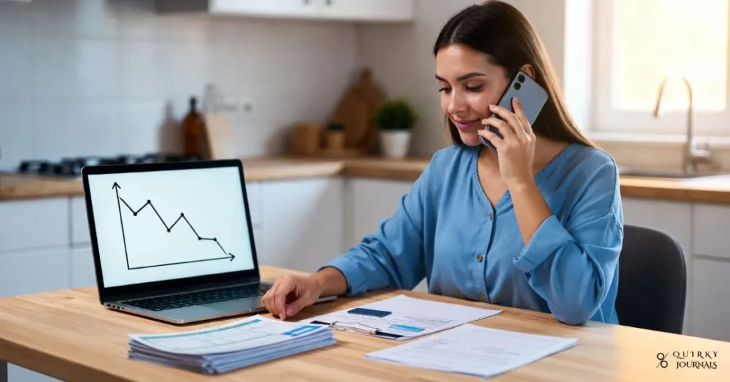 A 16:9 image of a person at a tidy kitchen table with a phone to their ear, a calm, focused expression, and neatly stacked credit card statements and a simple budget sheet in front of them. A laptop shows a minimal chart trending downward (symbolising shrinking debt). Warm natural light from a nearby window, soft blues and neutrals for a hopeful, in-control mood. No text or logos.