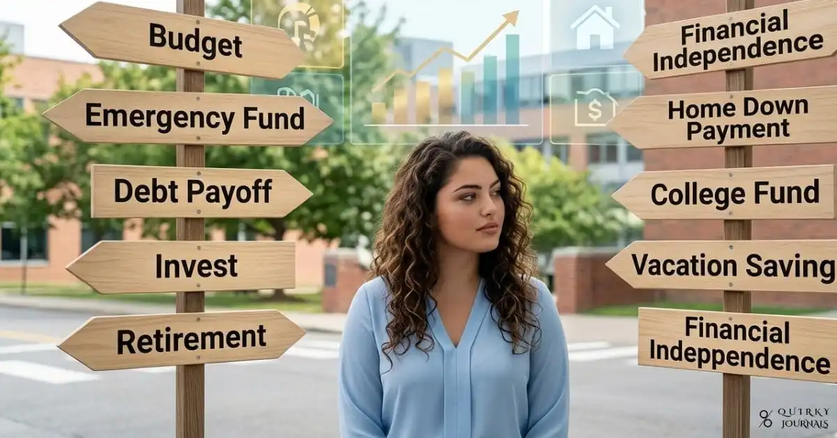 A clean, modern illustration of a person standing at a crossroads with nine signposts labeled with money milestones such as “Budget,” “Emergency Fund,” “Debt Payoff,” “Invest,” and “Retirement.” In the background, a calm upward-trending financial dashboard and subtle icons for savings, housing, and goals appear on transparent screens. Bright but professional color palette with blues, greens, and soft gold accents, 16:9 aspect ratio, suitable as a blog header for an article about reaching financial goals and achieving total money clarity.