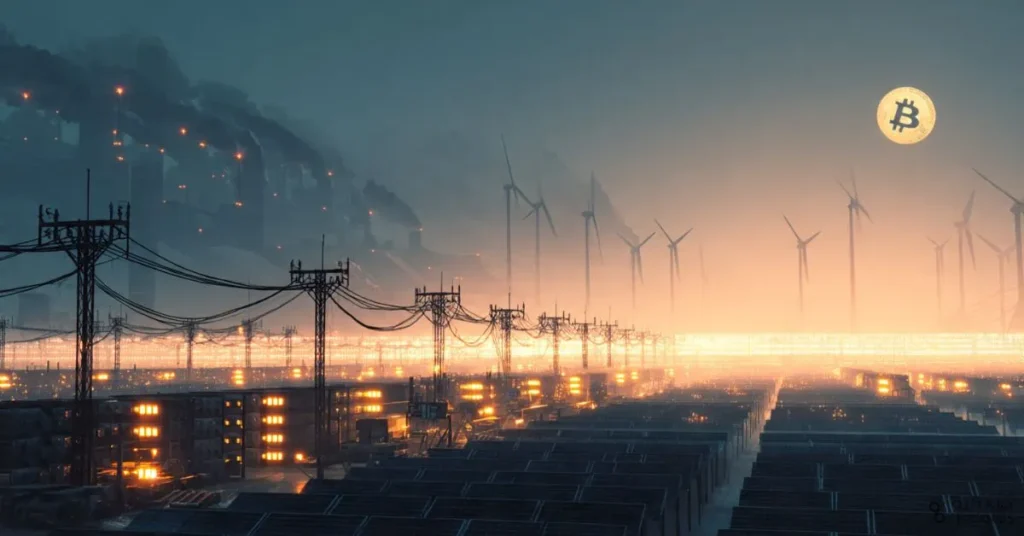 A 16:9 cinematic illustration of a sprawling Bitcoin mining farm at night: long rows of glowing ASIC rigs inside an industrial warehouse, with thick power cables leading out to a nearby fossil-fuel power plant whose smokestacks emit visible plumes on one side, and a contrasting field of wind turbines and solar panels on the other. Above the scene, a faint semi-transparent Bitcoin symbol hangs in the hazy sky like a moon, subtly tinted in gold. The colour palette should contrast warm, polluted oranges and greys near the plant with cooler blues and greens around the renewables, visually encoding the tension between Bitcoin’s heavy energy use and the push toward cleaner power. No text, numbers, or logos anywhere in the image.