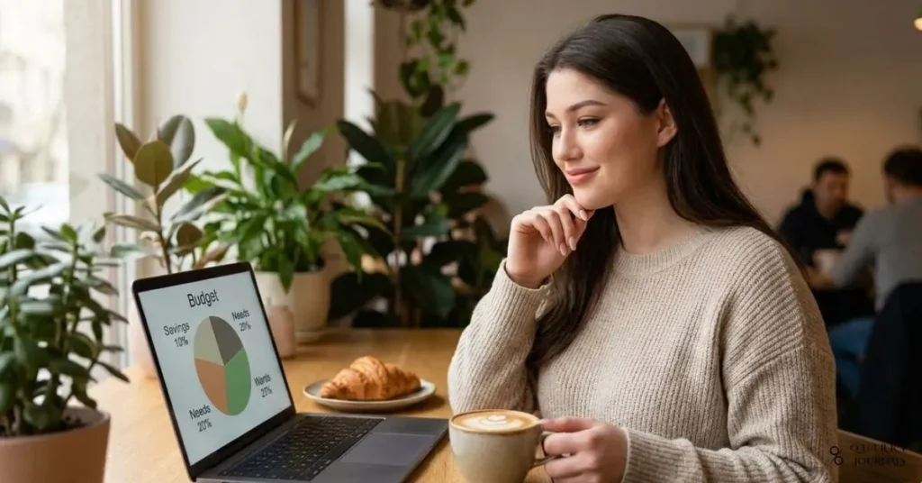 A 16:9 soft, modern illustration of a person sitting at a small café table with a coffee and pastry on one side and an open laptop showing a simple pie-chart style budget on the other. The person looks relaxed and thoughtful, not stressed, with warm natural light, plants in the background, and a calm, cozy colour palette (soft neutrals, greens, and warm browns) to convey balance between enjoyment and intentional money management. No text or logos.