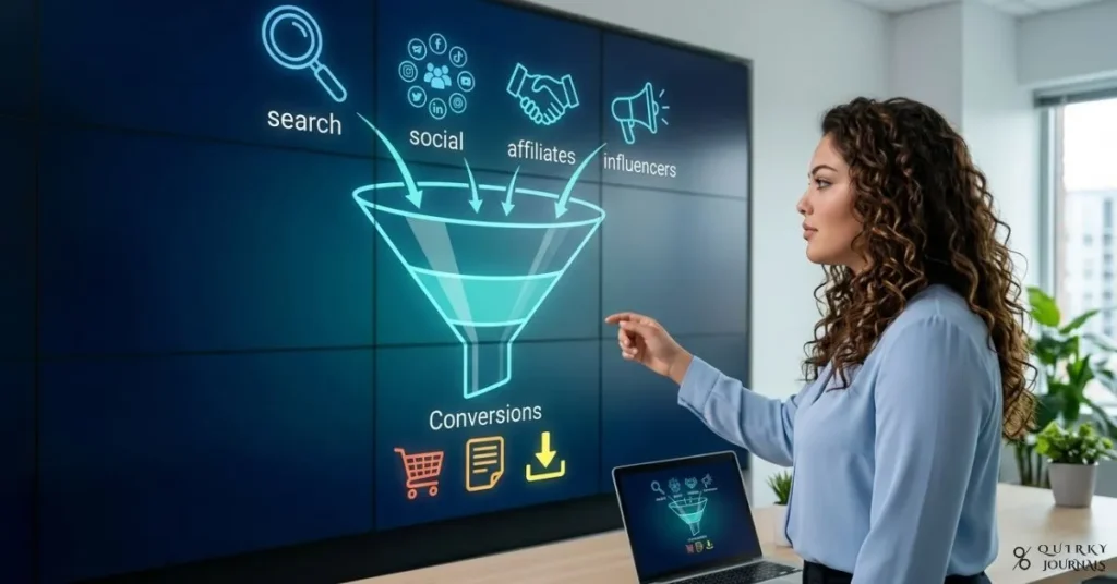 A 16:9 semi-realistic illustration of a marketer in a modern office standing in front of a large digital dashboard wall. The screen shows multiple ad channels feeding into a central funnel graphic: icons for search ads, social ads, affiliates, and influencers at the top, narrowing down to clear action icons at the bottom (a shopping bag for purchases, a form icon for leads, a download arrow for app installs), all without text or numbers. On a nearby desk, an open laptop mirrors a simplified version of the funnel, reinforcing the idea of tracking and optimisation. The colour palette uses cool blues and teals with a few bright accent colours on the action icons to convey precision, data, and results-focused marketing, with no logos anywhere.