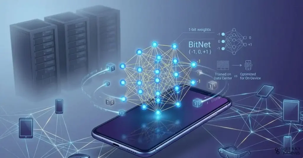 A futuristic, high-detail illustration of a modern smartphone in the center of the frame, with a glowing 3D neural network emerging from the screen as tiny cubes labeled “1” and “0” orbit around it. In the background, faint silhouettes of bulky server racks fade away, replaced by sleek icons of phones, tablets, and AR glasses connected in a mesh, indicating decentralized, on-device AI. Subtle technical overlays show “1‑bit weights,” “BitNet,” and “-{1, 0, +1}” near simplified layer diagrams. Cool blue and violet color palette, crisp and techy, 16:9 aspect ratio, ideal as a hero image for an article on 1‑bit LLMs and BitNet bringing AI training to smartphones.