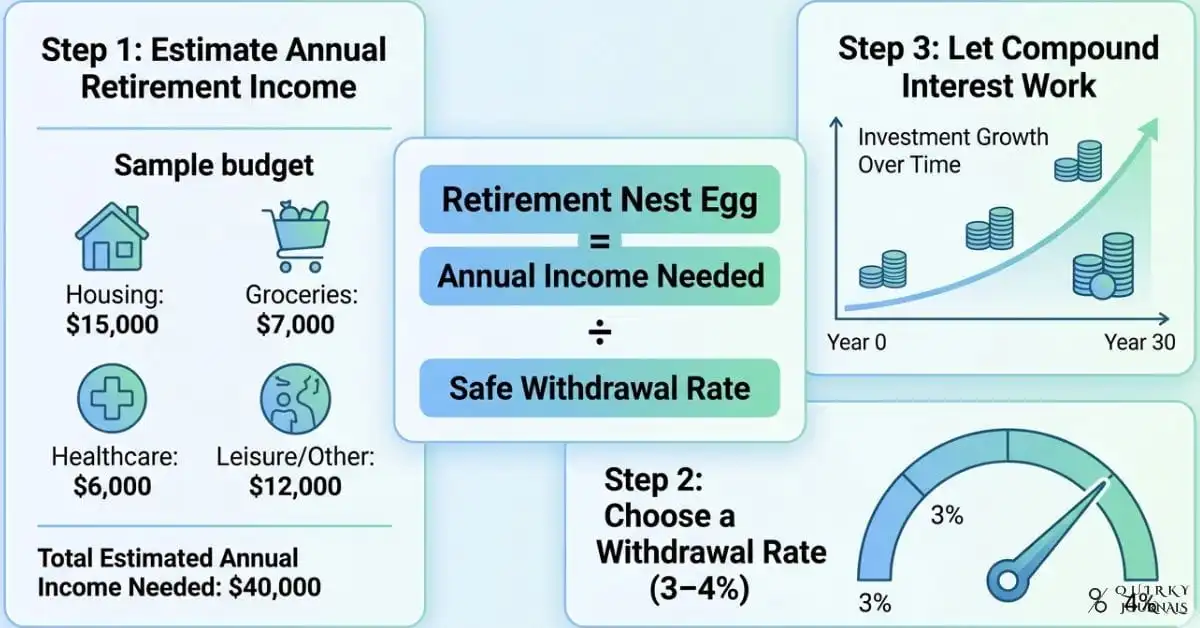 A clean, infographic-style illustration showing a central formula block labeled “Retirement Nest Egg = Annual Income Needed ÷ Safe Withdrawal Rate,” with three supporting panels around it: one labeled “Step 1: Estimate Annual Retirement Income” showing a sample budget; one labeled “Step 2: Choose a Withdrawal Rate (3–4%)” with a dial at 4%; and one labeled “Step 3: Let Compound Interest Work” with a rising curve over 30 years. Soft blues and greens, simple icons for a house, groceries, and healthcare, 16:9 aspect ratio, suitable as a header image for a retirement calculator guide.
