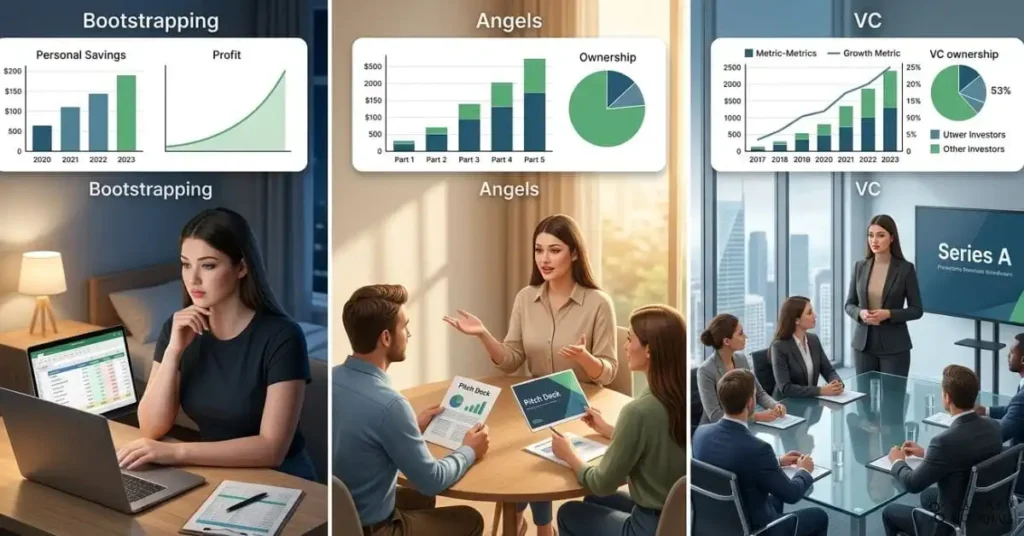 A split-screen illustration showing three funding paths: on the left, a founder at a home desk using personal savings (bootstrapping); in the middle, a small table meeting with two casually dressed angel investors reviewing a pitch deck; on the right, a formal boardroom with a venture capital team and a large screen showing “Series A.” Each side has subtle labels (Bootstrapping, Angels, VC) and different chart styles for growth vs. ownership. Clean, modern, slightly isometric style, bright but professional color palette, 16:9 aspect ratio, ideal as a header image for a startup funding guide.