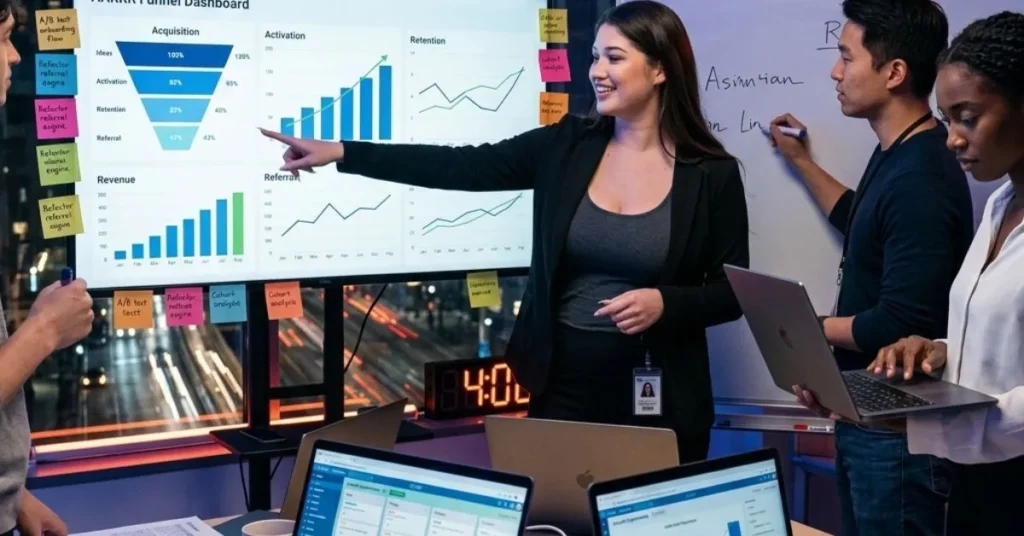 A modern, high‑contrast illustration of a startup growth “war room”: a small diverse team of founders gathered around a large screen showing a funnel dashboard labeled AARRR (Acquisition, Activation, Retention, Revenue, Referral), with charts trending upward and sticky notes marking experiments. Laptop screens show graphs, experiment ideas, and a kanban board labeled “Growth Experiments.” The environment is a minimalist tech office at night with city lights outside, giving a sense of urgency and focus. Color palette of deep blues and purples with neon accents (teal and orange) to convey innovation and speed. Clean, semi‑realistic style, 16:9 aspect ratio, ideal as a blog header for an article on startup growth hacking and scalable customer acquisition in 2026.