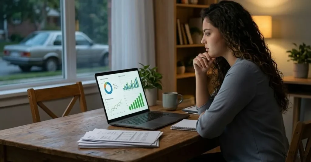 A 16:9 semi-realistic illustration of a modest, comfortable suburban home interior in the evening: a person in simple, casual clothes sits at a plain wooden table reviewing a calm investment dashboard on a laptop that shows diversified charts and growing bars (no numbers or text), while an older but well-kept economy car is faintly visible through the window outside. The scene feels intentionally ordinary—no luxury branding—yet the charts and neatly organised papers hint at substantial, hidden wealth being carefully managed. Warm, subdued lighting with neutral and earthy tones should convey privacy, intention, and quiet prosperity.
