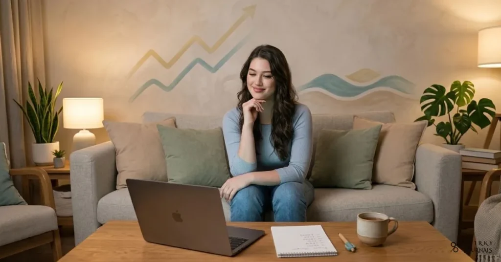 A 16:9 semi-realistic illustration of a person sitting comfortably on a sofa in a softly lit living room, laptop and a simple notepad with numbers open on a coffee table, a cup of tea beside them. Their posture is relaxed and relieved, with a faint upward-trending line and calm wave shapes subtly integrated into the background wall art to symbolise progress and calm. Warm, soothing colours (soft blues, greens, and warm beige), no text or logos.