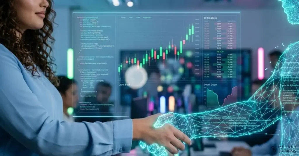 A high-detail illustration of two hands meeting in a “digital handshake”: on the left, a human hand in a business shirt sleeve, and on the right, a glowing polygonal/wireframe hand made of data lines and code. Behind them, large transparent screens show candlestick charts, order books, and lines of algorithm code scrolling vertically. The setting is a modern trading floor with blurred figures and monitors in the background. Cool blue and teal color palette with subtle neon accents, 16:9 aspect ratio, suitable as a hero image for an article introducing algorithmic trading.