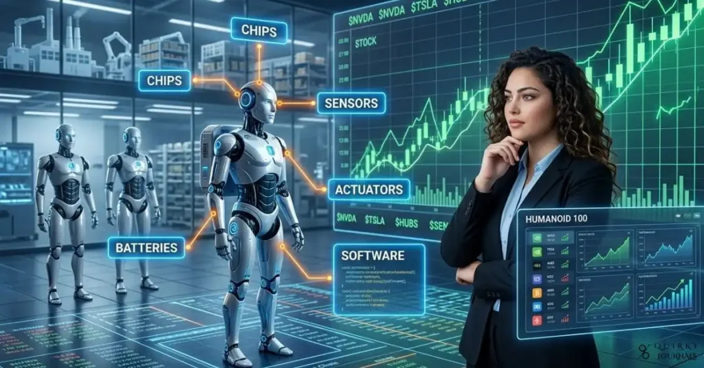 A futuristic financial-tech illustration showing a humanoid robot standing on a glowing stock market floor with ascending chart lines behind it, while holographic labels highlight parts of the robot value chain such as chips, sensors, actuators, batteries, and software. In the background, subtle silhouettes of factories, warehouses, and logistics hubs suggest real-world deployment, and a “Humanoid 100” style dashboard floats nearby with stock icons and performance graphs. Clean, premium, cinematic style with cool metallic blues, silver, and electric orange accents, 16:9 aspect ratio, ideal as a blog header for an article about humanoid robot stocks beyond Nvidia.