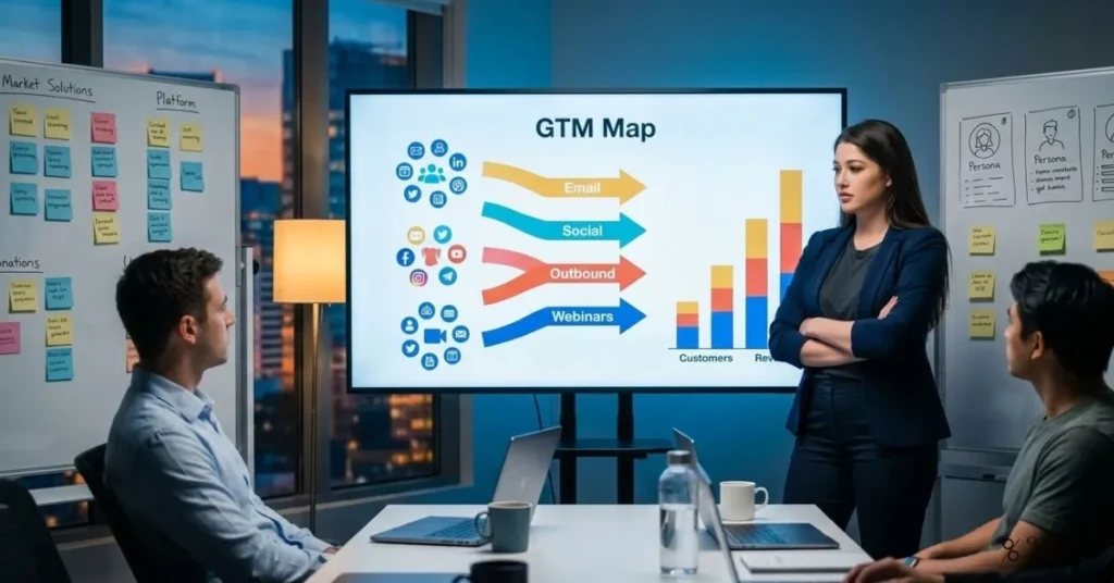A 16:9 cinematic-style illustration of a startup “war room” in a modern office: a small founding team stands around a large digital wall screen that shows a stylised GTM map—on one side, a clearly highlighted target customer segment icon cluster; in the middle, arrows representing chosen channels (email, social, outbound calls, webinars); on the other side, a growing bar chart of customers and revenue. Sticky notes and personas are visible on the wall near the screen, laptops open on a central table, and a city skyline glows outside at dusk to suggest urgency and opportunity. The overall mood is focused and strategic rather than chaotic, with cool blues and warm accent lighting. No text or logos anywhere in the scene.