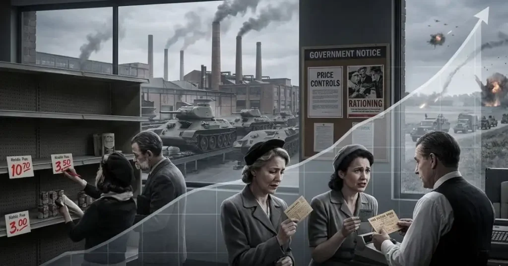 A dramatic editorial-style scene of a wartime economy marketplace with empty shelves, ration cards, and price tags being rapidly rewritten upward. In the background, factories switch from consumer goods to military production, while a government notice board displays “Price Controls” and “Rationing.” A faint rising inflation chart overlays the scene, and distressed shoppers contrast with a military convoy passing in the distance. Moody, realistic lighting with desaturated colors and red highlights, 16:9 aspect ratio, suitable as a blog header for an article on wartime inflation, hyperinflation, and price controls.