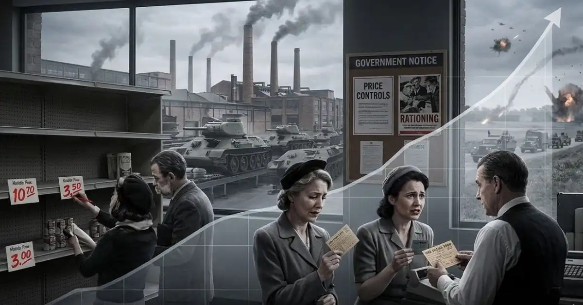 A dramatic editorial-style scene of a wartime economy marketplace with empty shelves, ration cards, and price tags being rapidly rewritten upward. In the background, factories switch from consumer goods to military production, while a government notice board displays “Price Controls” and “Rationing.” A faint rising inflation chart overlays the scene, and distressed shoppers contrast with a military convoy passing in the distance. Moody, realistic lighting with desaturated colors and red highlights, 16:9 aspect ratio, suitable as a blog header for an article on wartime inflation, hyperinflation, and price controls.