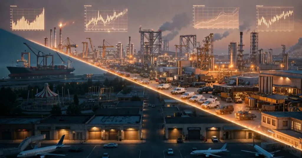 A 16:9 cinematic illustration showing a country’s economy split into two contrasting halves along a diagonal. On the brightly lit upper half: a dense industrial war complex in full production—modern factories assembling military vehicles and aircraft, shipyards loading cargo, oil refineries with flare stacks, and freight trains carrying containers—everything busy, lit with intense warm and metallic tones. On the darker lower half: a fading civilian economy—dimmed shopping streets with shuttered storefronts, an idle amusement park, and a quiet airport terminal with grounded planes, rendered in cooler, desaturated colours. Subtle charts or glowing data lines hover in the sky above the industrial side only, hinting at rising revenues and government contracts without any text. The overall mood should feel analytical and systemic rather than heroic or propagandistic, emphasizing how war spending shifts growth into specific industries while others stall.