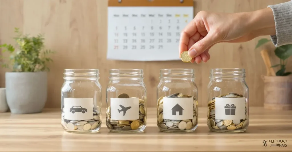 A 16:9 semi-realistic illustration of a kitchen table or desk with several clear glass jars or digital “wallet” icons, each visibly labelled by symbol with a different goal (a small car icon, a plane/holiday icon, a house icon, a gift box icon). A person’s hands are gently placing coloured coins or tokens into each jar, while a simple wall calendar in the background has future dates softly highlighted to suggest upcoming expenses. Warm, inviting colours (soft blues, greens, and warm wood tones) should convey calm, organisation, and the idea of planning ahead—not stress. No written text or logos anywhere in the scene.