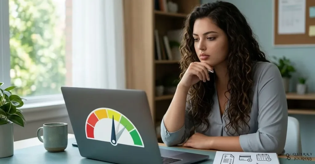 A 16:9 semi-realistic illustration of a person sitting at a desk at home, looking thoughtfully at a laptop screen that shows a large credit score gauge with the needle slightly lower than before (no numbers or text, just a visual dip). Beside the laptop is a notepad with simple icons representing bills, credit cards, and a calendar, suggesting they’re investigating the cause. Soft natural light from a window and a calm blue‑green palette convey problem‑solving rather than panic. No text or logos anywhere in the scene.