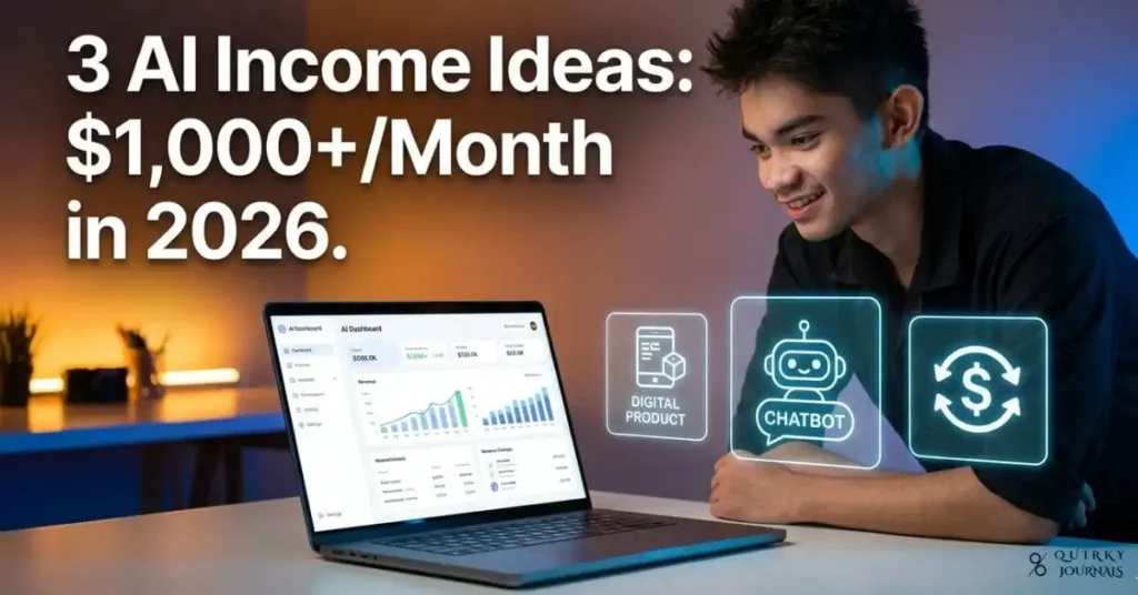 A sleek, modern digital workspace scene shot in cinematic wide format. A minimalist desk with a glowing laptop screen displaying a clean AI dashboard with upward-trending revenue graphs. Beside it, floating holographic icons represent the three income streams: a digital product icon, a chat bubble with a robot symbol, and a dollar sign with upward arrows. Warm amber and electric blue accent lighting create an aspirational, futuristic mood. Bold white text overlay reads: "3 AI Income Ideas: $1,000+/Month in 2026." Style: premium tech editorial, ultra-sharp, 16:9 aspect ratio, high click-through visual energy.
