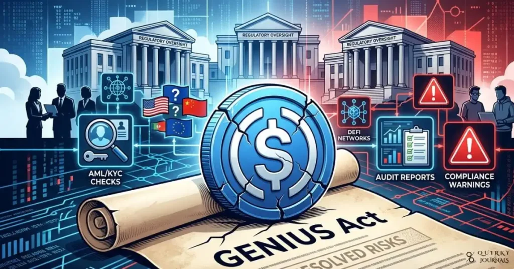 A polished editorial-style illustration of a large stablecoin coin sitting on a legal document labeled “GENIUS Act,” with visible cracks around the edges to symbolize unresolved risks. Surrounding the coin are floating icons for AML checks, foreign flag markers, DeFi nodes, audit reports, and compliance warning symbols, while a background of regulatory buildings and blockchain network lines suggests policy complexity. Clean, modern, high-contrast style with blue, white, and caution-red accents, 16:9 aspect ratio, suitable as a blog header for an article about the GENIUS Act’s unresolved stablecoin risks.