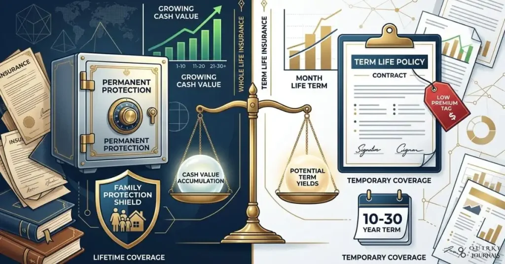 A sophisticated financial comparison illustration split down the middle: on the left, a whole life insurance policy represented by a polished vault, a growing cash value chart, and a family protection shield; on the right, a term life policy shown as a clean, simple contract with a low premium tag and a calendar icon. Between them, a balanced scale highlights “cash value” versus “term yields,” with subtle market charts and insurance documents in the background. Professional, editorial style with deep navy, gold, and white tones, 16:9 aspect ratio, ideal as a blog header for an article auditing whole life insurance versus term insurance.