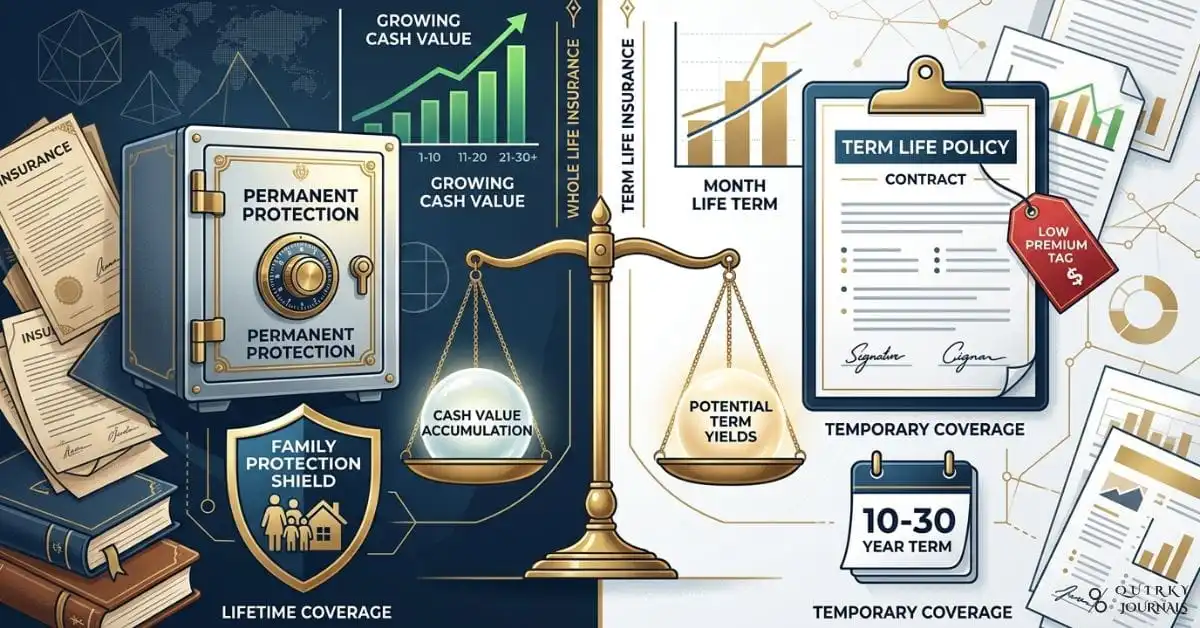 A sophisticated financial comparison illustration split down the middle: on the left, a whole life insurance policy represented by a polished vault, a growing cash value chart, and a family protection shield; on the right, a term life policy shown as a clean, simple contract with a low premium tag and a calendar icon. Between them, a balanced scale highlights “cash value” versus “term yields,” with subtle market charts and insurance documents in the background. Professional, editorial style with deep navy, gold, and white tones, 16:9 aspect ratio, ideal as a blog header for an article auditing whole life insurance versus term insurance.