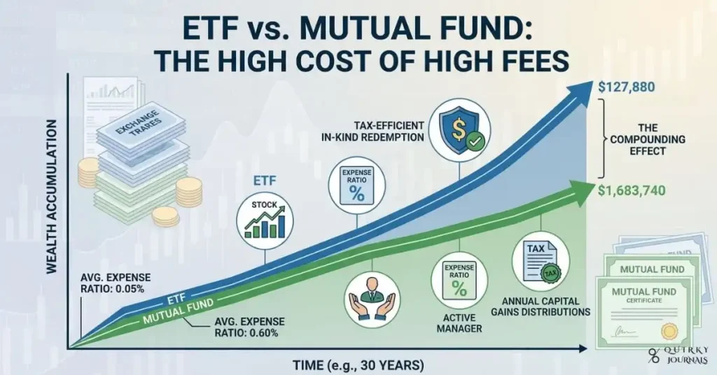 A clean, data‑driven illustration showing two parallel paths rising over time, labeled “ETF” and “Mutual Fund,” with small fee percentages (e.g., 0.05% vs 0.60%) at the base and the final wealth values at the end of the line significantly diverging, emphasizing compounding. Overlay icons for stock indices, expense‑ratio percentages, and subtle tax‑efficiency symbols, with a muted background of market charts and fund shares. Professional, modern design with blue and green tones, 16:9 aspect ratio, ideal as a blog header for an article on ETF vs. mutual fund expense ratios and long‑term growth.