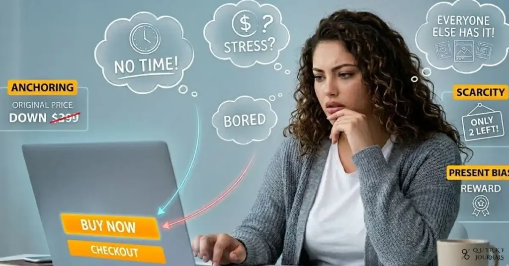 A modern editorial-style illustration of a person at an online checkout page, hesitating before clicking “buy now,” while translucent thought bubbles around them show emotional triggers like stress, boredom, and FOMO. Behind them, subtle infographic elements display cognitive biases such as “anchoring,” “scarcity,” and “present bias,” with arrows connecting each trigger to an impulse purchase. Clean, high-contrast design with calming blue tones and bright caution accents, 16:9 aspect ratio, suitable as a blog header for an article on emotional spending audits and behavioural finance.