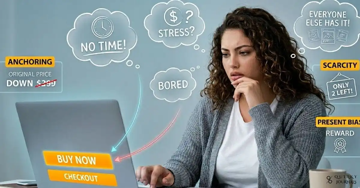 A modern editorial-style illustration of a person at an online checkout page, hesitating before clicking “buy now,” while translucent thought bubbles around them show emotional triggers like stress, boredom, and FOMO. Behind them, subtle infographic elements display cognitive biases such as “anchoring,” “scarcity,” and “present bias,” with arrows connecting each trigger to an impulse purchase. Clean, high-contrast design with calming blue tones and bright caution accents, 16:9 aspect ratio, suitable as a blog header for an article on emotional spending audits and behavioural finance.