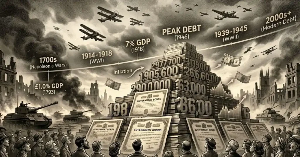 A dramatic historical‑financial illustration showing a war‑torn cityscape in the background with tanks and planes, while in the foreground a giant stack of government bonds and numbered debt figures rises like a pyramid. In the sky, a timeline scrolls from 1700s conflict dates to modern years, with “$1.0% GDP”, “7% GDP”, and “Peak Debt” labels. Subtle red arrows point to inflation notes and bond‑yield charts, and a crowd of citizens looks up anxiously. Moody, cinematic style with desaturated colors and gold‑bronze debt accents, 16:9 aspect ratio, suitable as a blog header for an article on wartime government debt explosions.