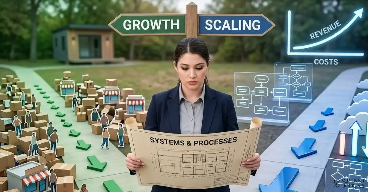A clean, modern illustration showing two paths diverging from a small business: on the left, a “growth” path with people, locations, and inventory icons piling up in a messy, crowded style; on the right, a “scaling” path with streamlined workflow diagrams, automated processes, cloud icons, and a clean revenue curve rising above costs. A founder stands at the split, holding a blueprint labeled “systems and processes,” with subtle arrows pointing toward efficiency and leverage. Professional, high‑contrast design with blue and green tones, 16:9 aspect ratio, ideal as a blog header for an article on growth vs scaling and building systems for rapid expansion.