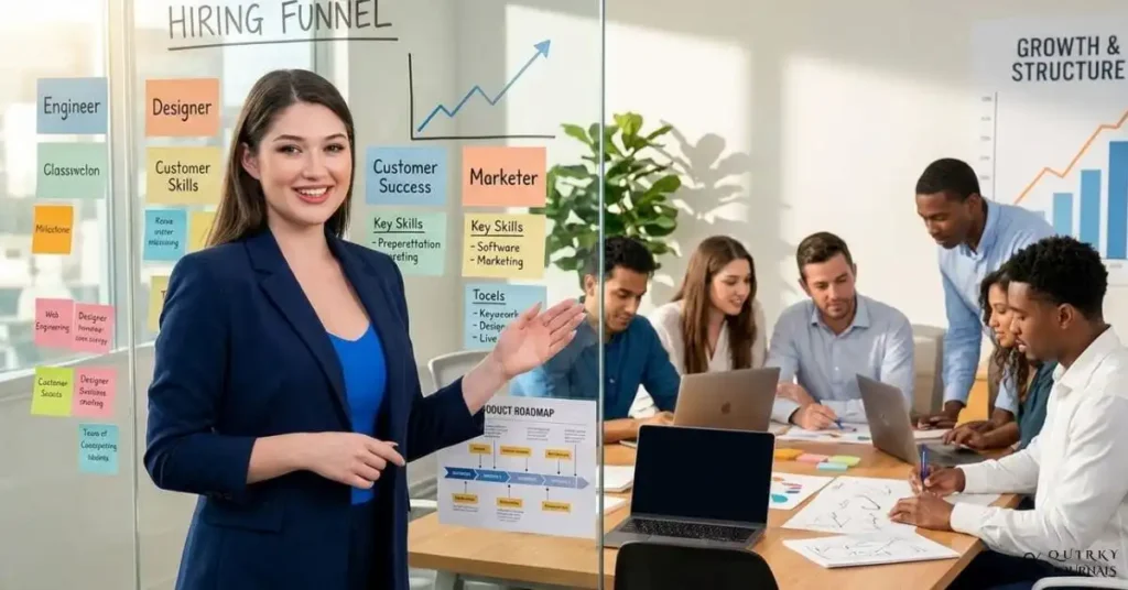 A modern startup office scene with a founder standing in front of a glass wall covered in sticky notes for key roles, while a diverse small team collaborates around a table with laptops, sketches, and a product roadmap. Subtle visual elements suggest growth and structure, such as a rising chart, a hiring funnel, and labeled role cards like engineer, designer, and customer success. Clean, optimistic, high-detail style with blue, white, and warm accent colors, 16:9 aspect ratio, ideal as a blog header for an article about hiring your first 10 startup employees.