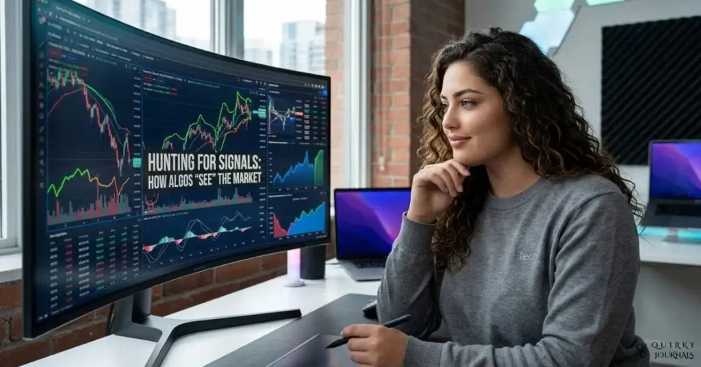 A cinematic, high-detail illustration of a dark, server-filled data center on one side, with streams of raw tick data flowing like jagged neon lines, and on the other side, a clean trading dashboard where the same data has been compressed into smooth OHLC candlestick charts and RSI and moving average lines. In the middle, a magnifying glass traces over the candles, with visible “signals” highlighted as glowing arrows pointing up or down. Deep blue and electric green color palette, futuristic but realistic, 16:9 aspect ratio, ideal as a blog header for an article on how algorithms “see” the market by turning noise into signals.