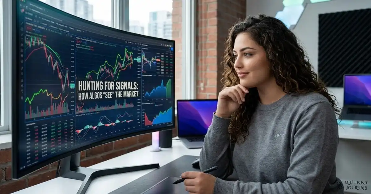 A cinematic, high-detail illustration of a dark, server-filled data center on one side, with streams of raw tick data flowing like jagged neon lines, and on the other side, a clean trading dashboard where the same data has been compressed into smooth OHLC candlestick charts and RSI and moving average lines. In the middle, a magnifying glass traces over the candles, with visible “signals” highlighted as glowing arrows pointing up or down. Deep blue and electric green color palette, futuristic but realistic, 16:9 aspect ratio, ideal as a blog header for an article on how algorithms “see” the market by turning noise into signals.