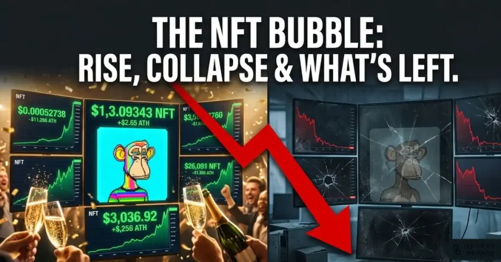 A dramatic cinematic wide-format split visual. On the left, a euphoric 2021 scene: glowing screens displaying skyrocketing NFT prices, champagne, and a pixelated ape avatar surrounded by golden light. On the right, a stark 2025 contrast: the same screens now dark and cracked, price charts plummeting to near-zero, the ape avatar faded and ghostly. A bold red downward arrow connects both halves across the centre. Deep charcoal background with high-contrast dramatic lighting. Bold white text overlay reads: "The NFT Bubble: Rise, Collapse & What's Left." Style: financial investigative editorial, high drama, ultra-sharp 16:9.