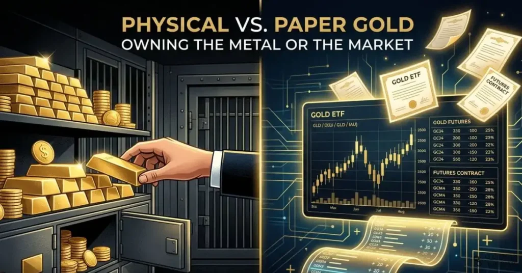 A refined editorial-style illustration showing two sides of the gold market: on the left, stacked gold coins and bullion bars in a secure vault with a hand reaching toward them; on the right, a digital trading screen displaying a gold ETF chart, futures contracts, and abstract paper certificates floating above a glowing ledger. A subtle visual divide runs between the two halves to emphasize direct ownership versus financial exposure. Premium, high-contrast design with gold, black, and deep blue tones, 16:9 aspect ratio, suitable as a blog header for an article comparing paper gold and physical gold.