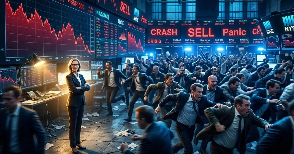 A massive crowd of people rushing in one direction across a stock exchange floor, while a single figure stands still facing the opposite way, looking calm and composed. Giant red and green market charts fill the background. The lighting is dramatic — warm light on the lone figure, cold blue on the rushing crowd. Style: cinematic digital illustration, high contrast, shallow depth of field. Aspect ratio: 16:9.