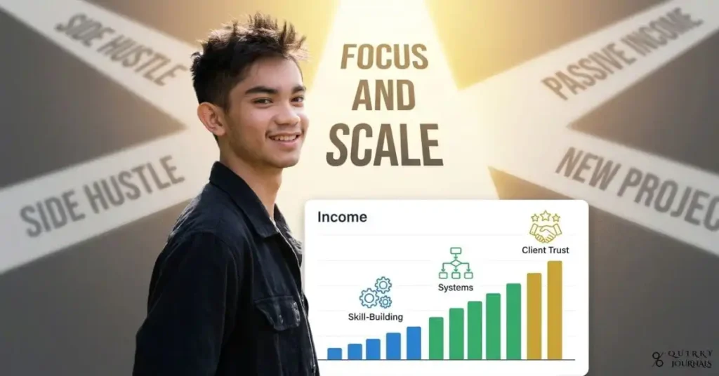 A modern, editorial-style illustration of a person standing at a crossroads with several faded paths labeled “side hustle,” “passive income,” and “new project,” while one bright, highlighted path in the center is labeled “Focus and Scale.” In the foreground, a clean dashboard shows a single income stream growing steadily upward, with subtle icons for skill-building, systems, and client trust. Minimalist professional design with blue, green, and gold tones, 16:9 aspect ratio, suitable as a blog header for an article on sustainable income growth and mastering one income stream first.