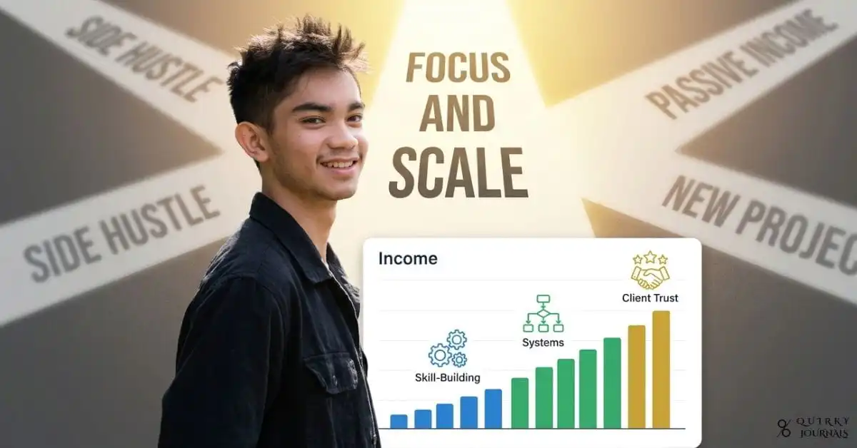 A modern, editorial-style illustration of a person standing at a crossroads with several faded paths labeled “side hustle,” “passive income,” and “new project,” while one bright, highlighted path in the center is labeled “Focus and Scale.” In the foreground, a clean dashboard shows a single income stream growing steadily upward, with subtle icons for skill-building, systems, and client trust. Minimalist professional design with blue, green, and gold tones, 16:9 aspect ratio, suitable as a blog header for an article on sustainable income growth and mastering one income stream first.